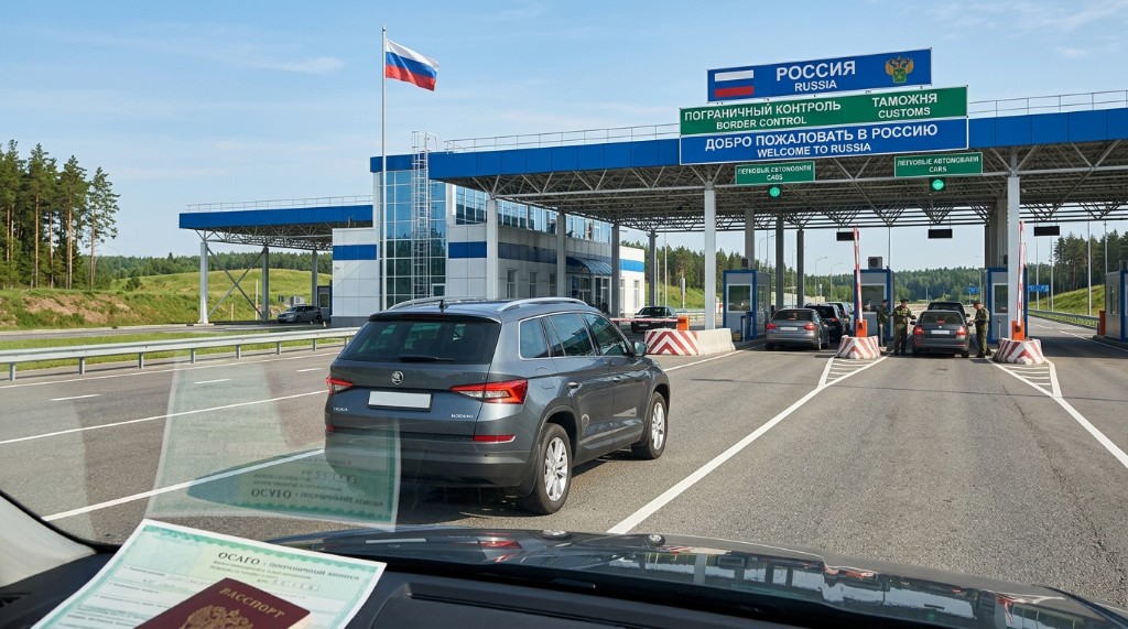 Russischer Grenzübergang mit Schild «Добро пожаловать в Россию» — auf dem Armaturenbrett liegen Pass und OSAGO-Police, die Pflichtdokumente