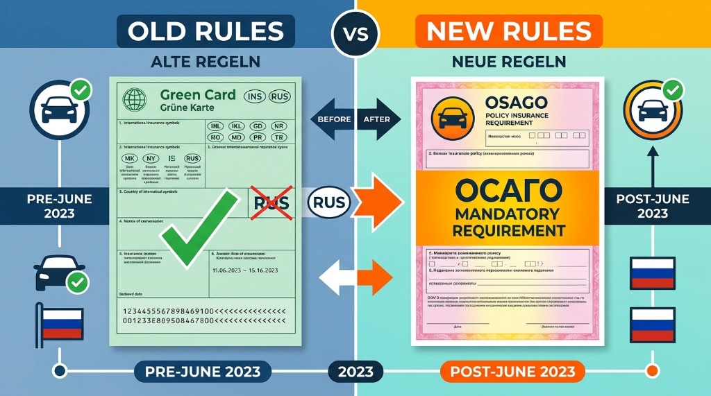 Infografik Vergleich: Alte Regeln Grüne Karte RUS gültig bis Mai 2023 versus Neue Regeln OSAGO Pflicht ab Juni 2023