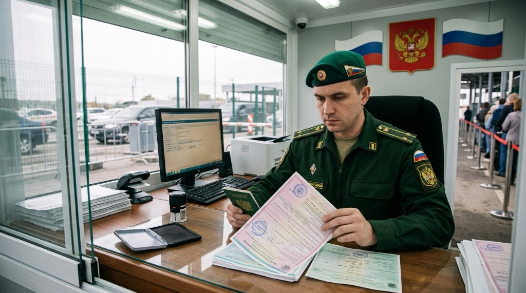 Russischer Grenzbeamter prüft OSAGO-Versicherungsdokument und Pass — Grenzkontrolle an russischem Übergang