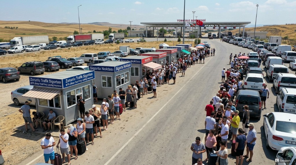 Insurance booths at a Turkish border checkpoint with long queues of people and vehicles