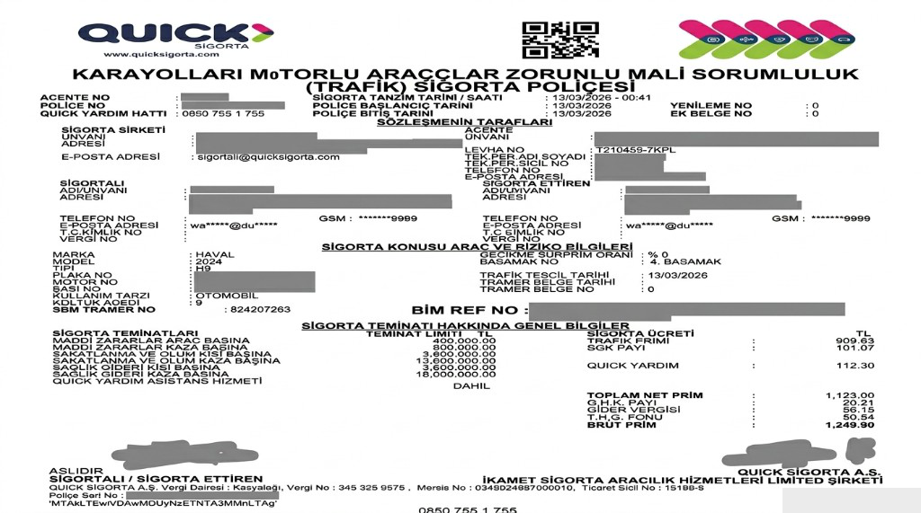 Sample Turkey MTPL insurance policy (Zorunlu Trafik Sigortası) in PDF format — issued online for a foreign vehicle