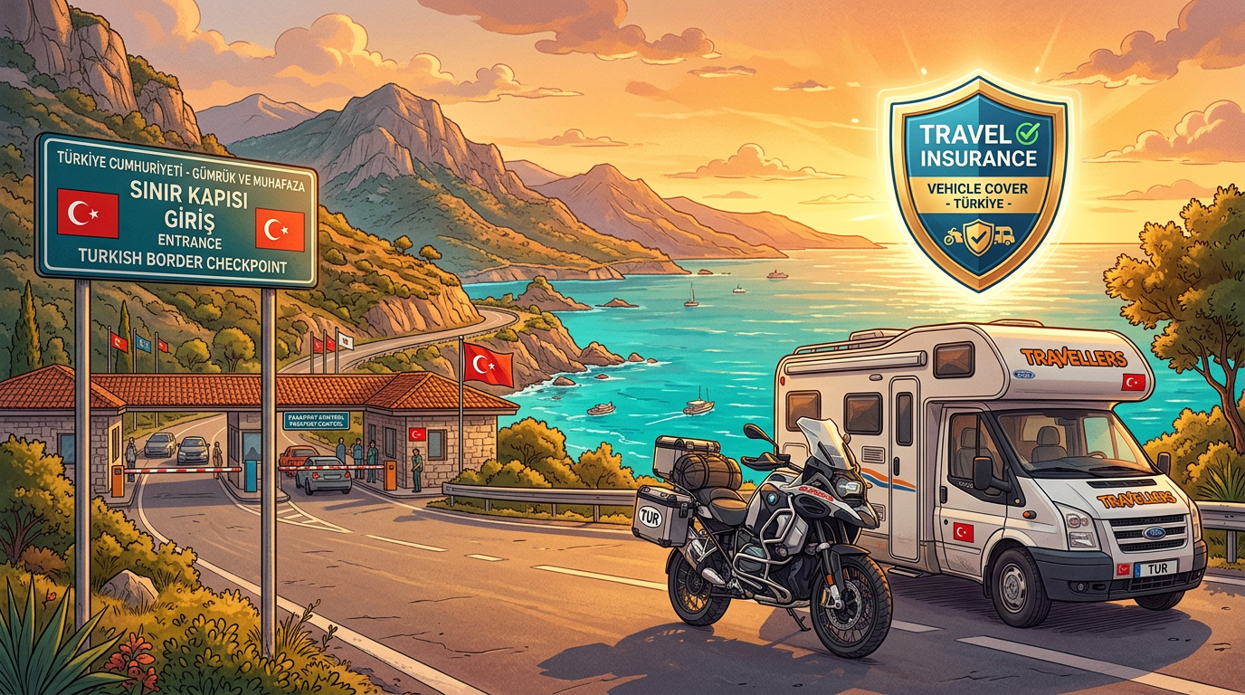 Мотоцикл и кемпер на турецкой трассе — страховка Zorunlu Trafik Sigortası