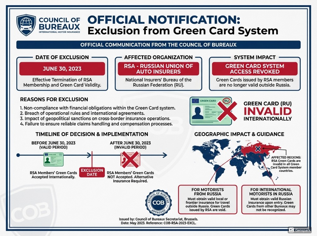 Уведомление об исключении РСА из системы Green Card - официальный документ Официальное уведомление Council of Bureaux об исключении Российского союза автостраховщиков (РСА) из системы Green Card с 30 июня 2023 года