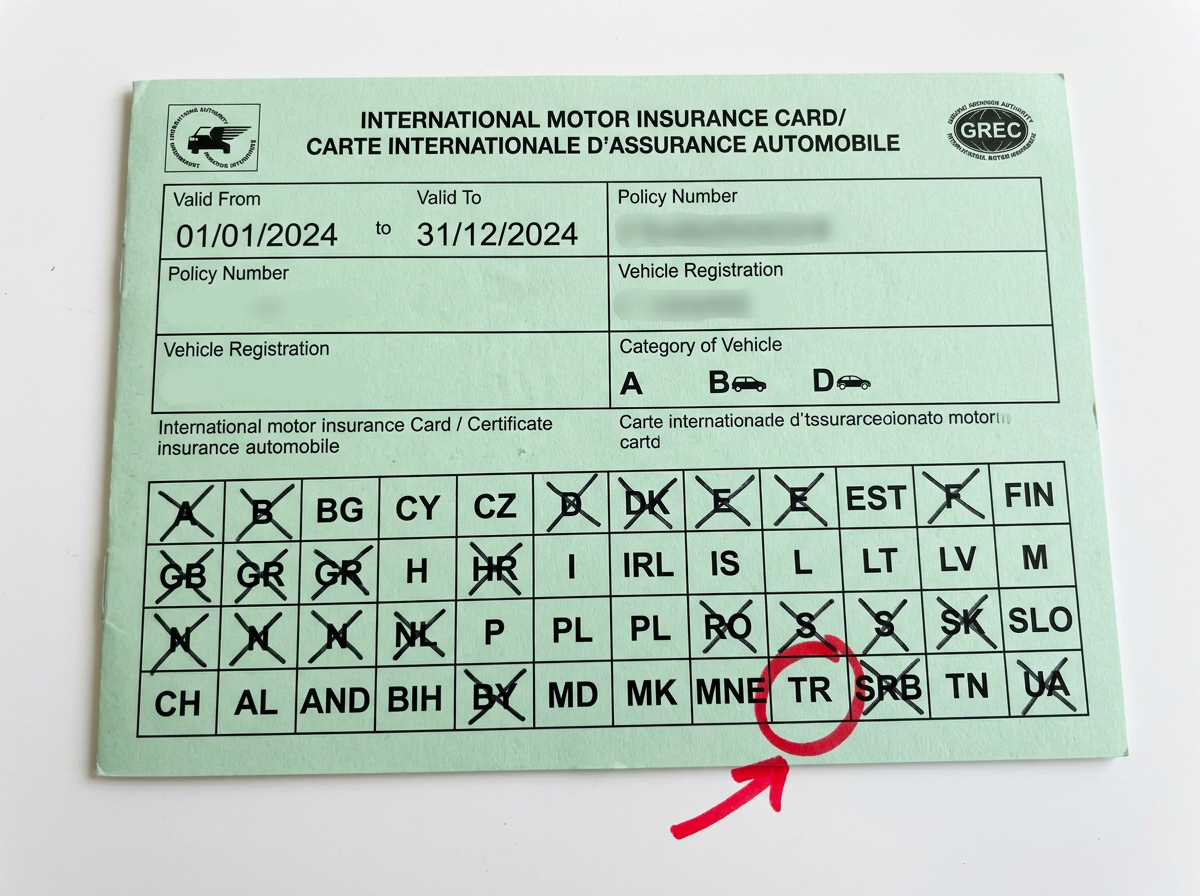 Green Card document with the TR country code circled and highlighted, showing it is not crossed out