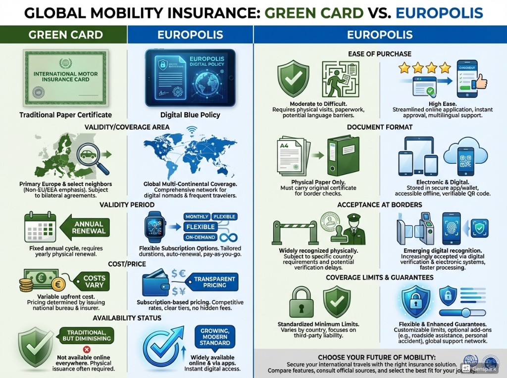 Green Card vs Европолис - визуальное сравнение систем автострахования Инфографика сравнения традиционной Green Card и современного Европолиса - отличия, преимущества, доступность