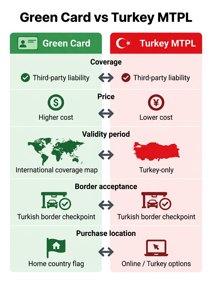 Infographic comparing Green Card and Turkey MTPL — coverage area, price, purchase method, and border acceptance